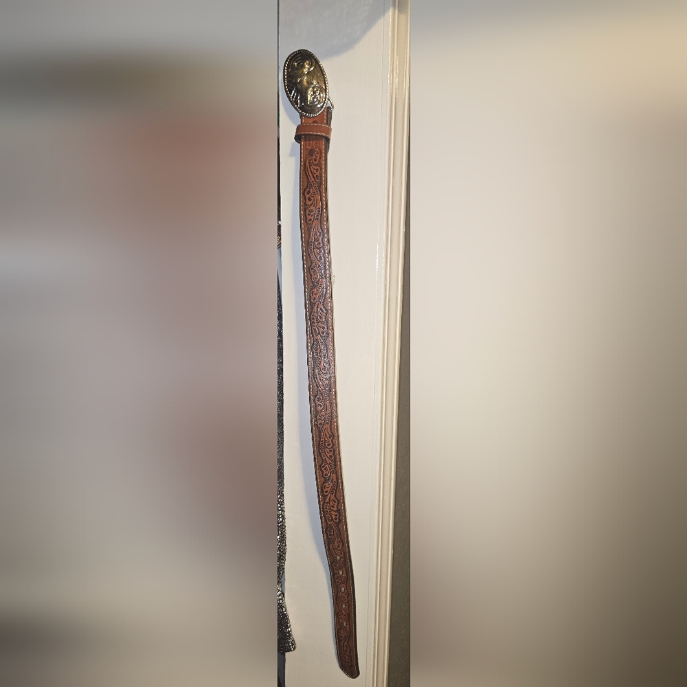 Tooled Brown Leather Belt with Scroll Design